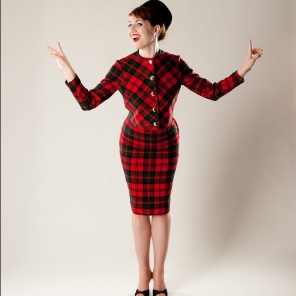 VTG 1960s Red & Black Plaid Pencil Skirt & Jacket - Picture 6 of 14